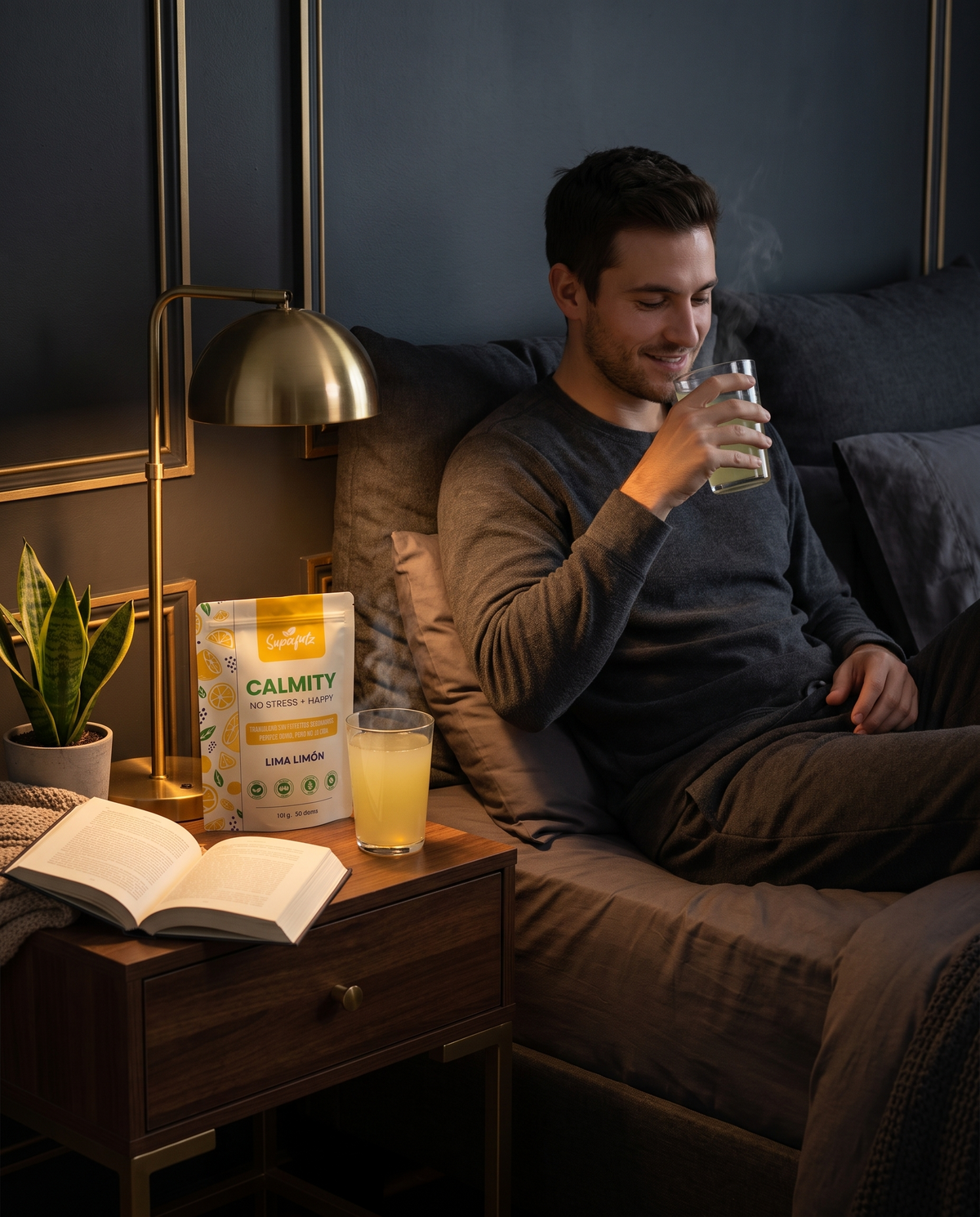 Homem a relaxar a tomar Calmity antes de dormir