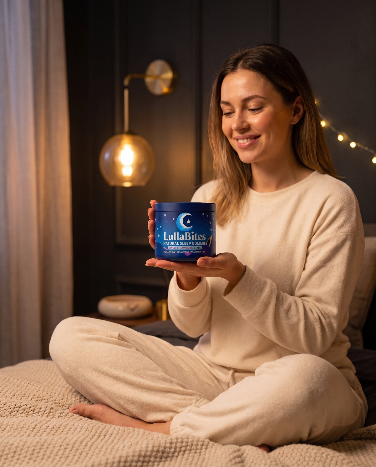 Mulher feliz com o frasco LullaBites numa noite aconchegante